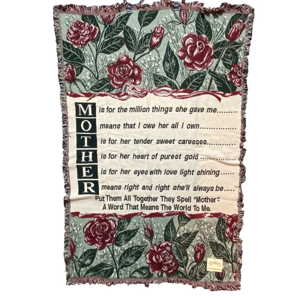 Vintage Chatham Cotton Classics Mother Poem Woven Tapestry Throw Blanket Rose